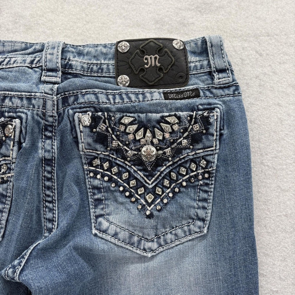 Miss Me Signature Boot Bootcut Jeans Womens 30 Blue Mid Rise Rhinestone Grunge